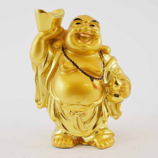 Handmade Golden Feng Shui Laughing Buddha Holding Ingot And Woo Lou For